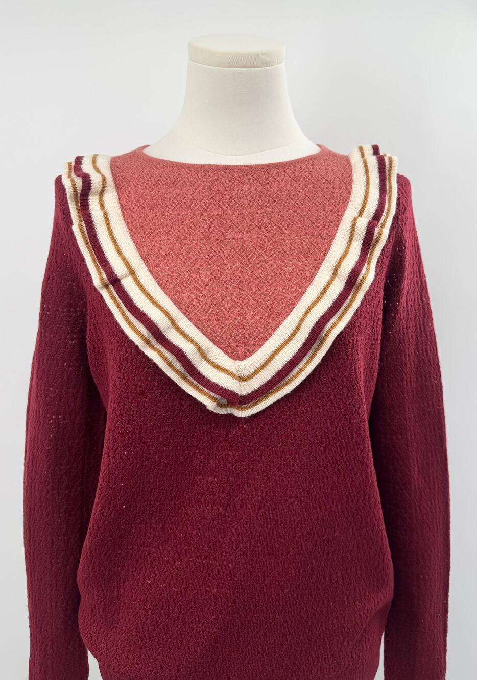 Sezane Burgundy Red Sweater Cotton Wool Ruffle Knit Crochet Lace Pullover S